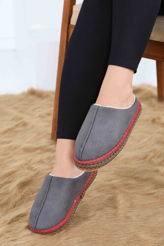 Kadın Antrasit Yanları Nakışlı Ev Terliği - 27781-ANTRASIT - 2