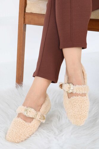 Kadın Bej Kemer Detaylı Peluş Babet - 27910-BEJ - 2