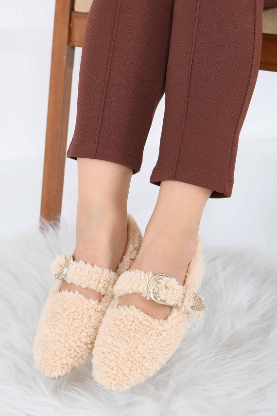 Kadın Bej Kemer Detaylı Peluş Babet - 27910-BEJ - 3