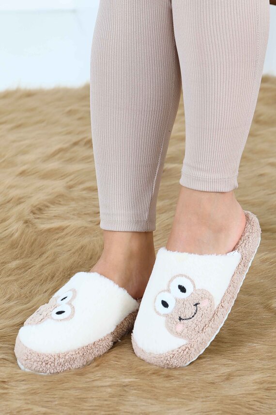 Kadın Bej Kurbağa İşlemeli Ev Terliği - 27779-BEJ - 1