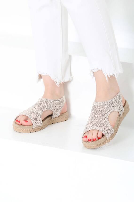 Kadın Bej Nakış Hasırlı Sandalet - 27156 - 1