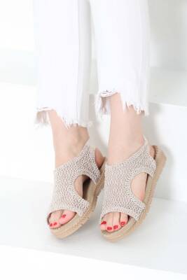 Kadın Bej Nakış Hasırlı Sandalet - 27156 - 2