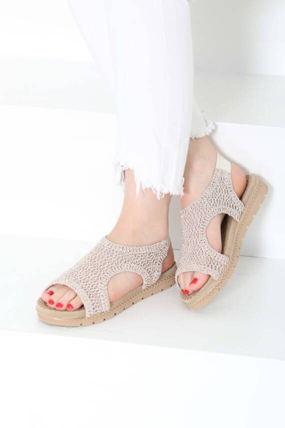 Kadın Bej Nakış Hasırlı Sandalet - 27156 - 3