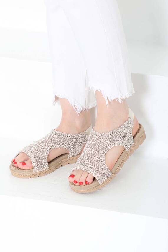 Kadın Bej Nakış Hasırlı Sandalet - 27156 - 4