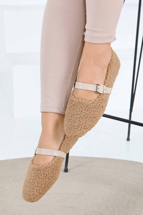 Kadın Bej Peluş Kemerli Babet - 27792-BEJ - 1