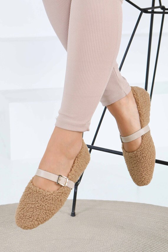 Kadın Bej Peluş Kemerli Babet - 27792-BEJ - 2