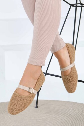 Kadın Bej Peluş Kemerli Babet - 27792-BEJ - 2