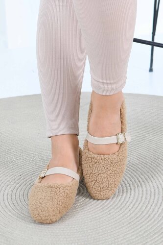 Kadın Bej Peluş Kemerli Babet - 27792-BEJ - 3