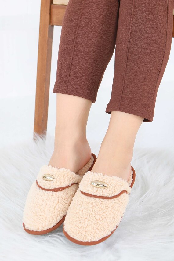 Kadın Bej Tokalı Peluş Ev Terliği - 27912-BEJ - 3