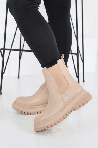 Kadın Bej Yanları Lastikli Suni Deri Bot - 27848-BEJ