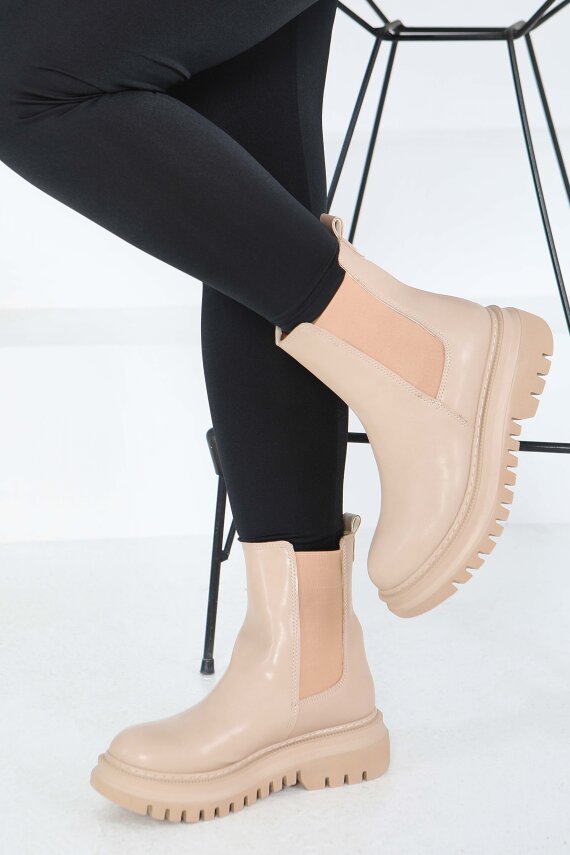 Kadın Bej Yanları Lastikli Suni Deri Bot - 27848-BEJ - 2