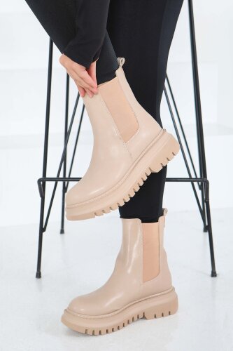 Kadın Bej Yanları Lastikli Suni Deri Bot - 27848-BEJ - 3