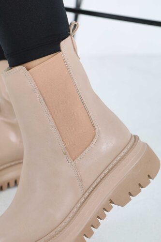 Kadın Bej Yanları Lastikli Suni Deri Bot - 27848-BEJ - 4