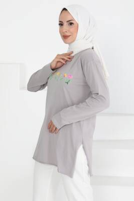 Kadın Bisiklet Yaka Çiçek Baskılı Tunik Açik Gri - 27197 - 2