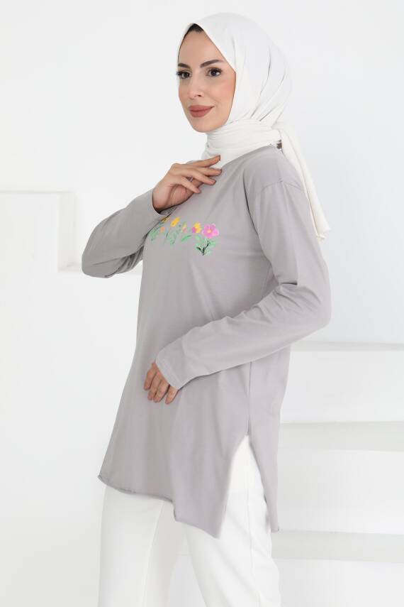 Kadın Bisiklet Yaka Çiçek Baskılı Tunik Açik Gri - 27197 - 2