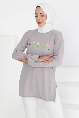 Kadın Bisiklet Yaka Çiçek Baskılı Tunik Açik Gri - 27197 - 3