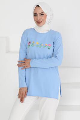 Kadın Bisiklet Yaka Çiçek Baskılı Tunik Bebe Mavi - 27197 - 1
