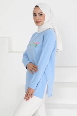 Kadın Bisiklet Yaka Çiçek Baskılı Tunik Bebe Mavi - 27197 - 2