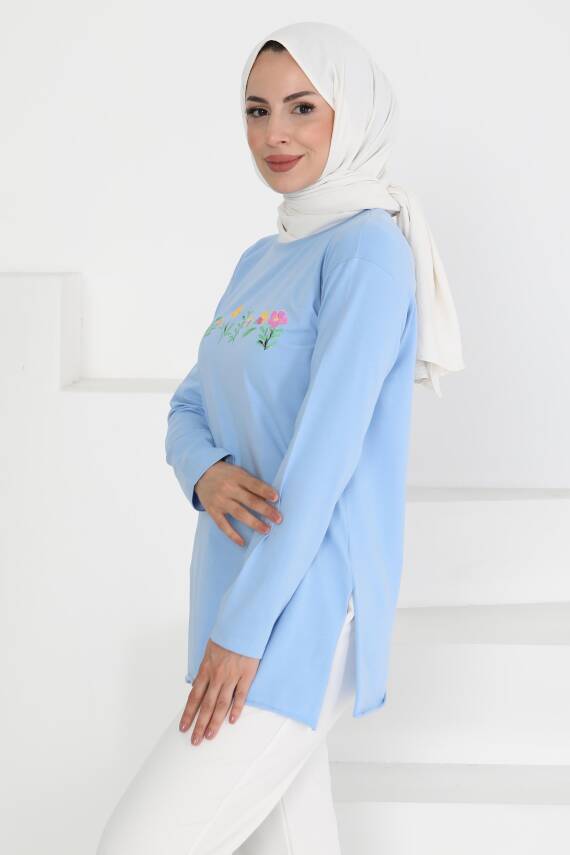 Kadın Bisiklet Yaka Çiçek Baskılı Tunik Bebe Mavi - 27197 - 2