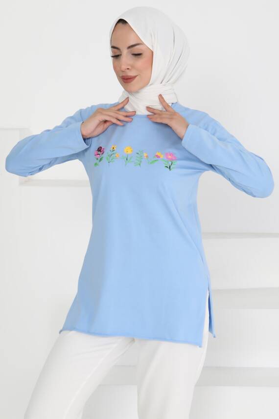 Kadın Bisiklet Yaka Çiçek Baskılı Tunik Bebe Mavi - 27197 - 3