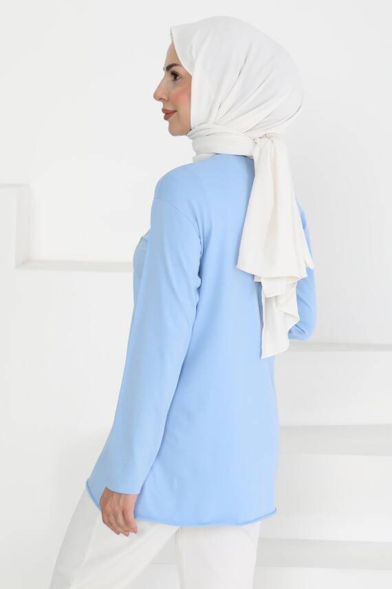 Kadın Bisiklet Yaka Çiçek Baskılı Tunik Bebe Mavi - 27197 - 4