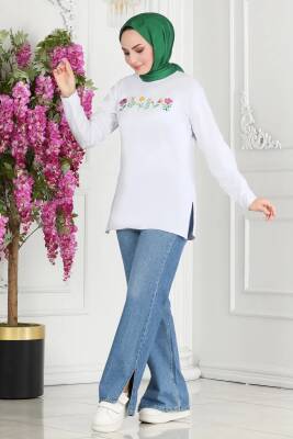 Kadın Bisiklet Yaka Çiçek Baskılı Tunik Beyaz - 27197 - 2