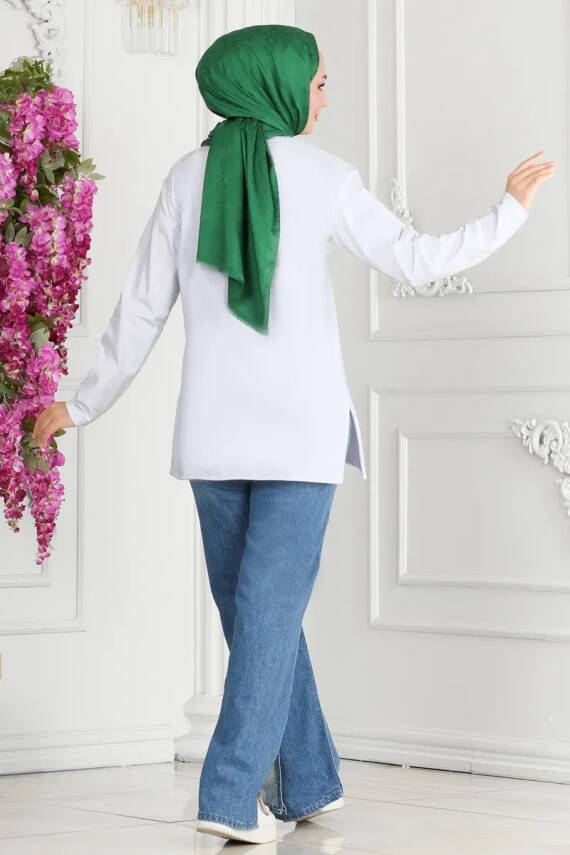 Kadın Bisiklet Yaka Çiçek Baskılı Tunik Beyaz - 27197 - 3