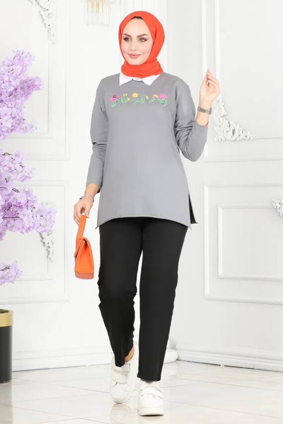 Kadın Bisiklet Yaka Çiçek Baskılı Tunik Gri - 27197 - 1