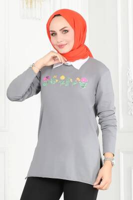 Kadın Bisiklet Yaka Çiçek Baskılı Tunik Gri - 27197 - 2