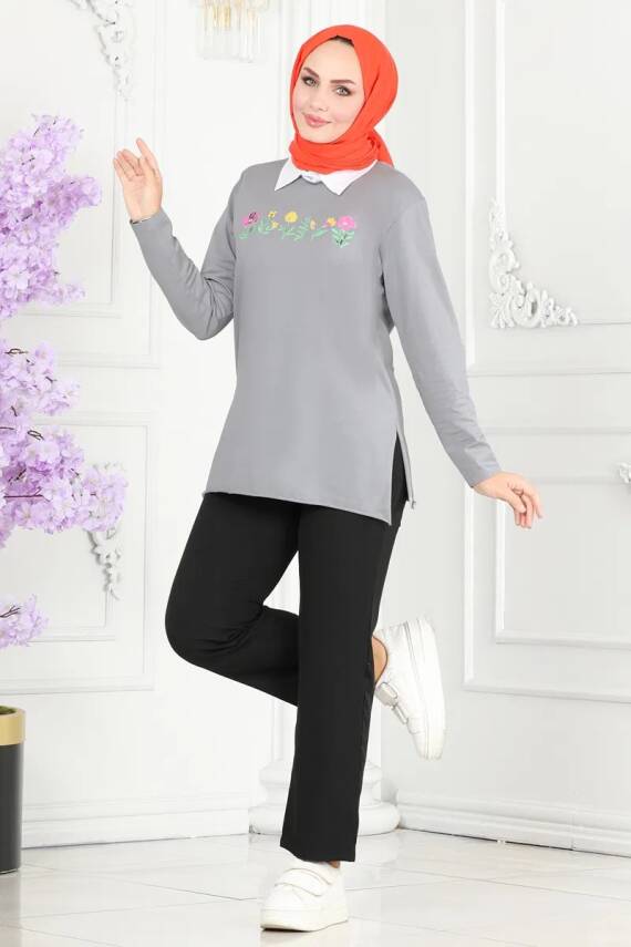 Kadın Bisiklet Yaka Çiçek Baskılı Tunik Gri - 27197 - 3