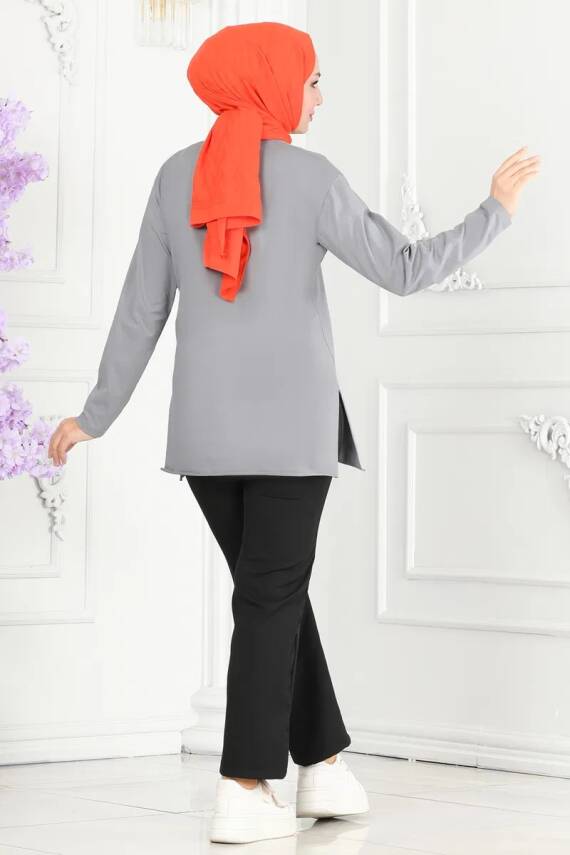 Kadın Bisiklet Yaka Çiçek Baskılı Tunik Gri - 27197 - 4