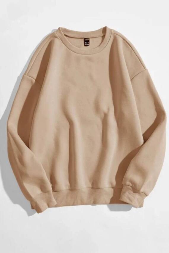 Kadın Bisiklet Yaka Oversize Sweatshirt Bej - 26567 - 1