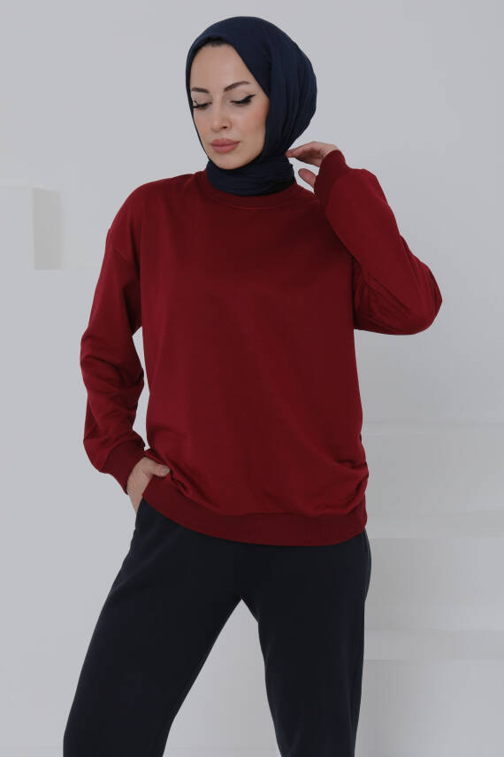 Kadın Bisiklet Yaka Oversize Sweatshirt Bordo - 26567 - 1
