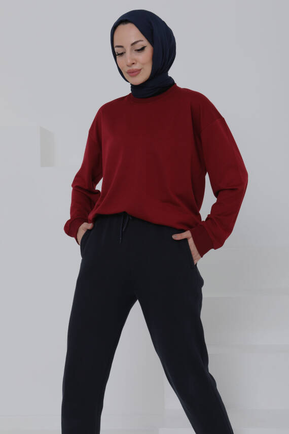 Kadın Bisiklet Yaka Oversize Sweatshirt Bordo - 26567 - 2