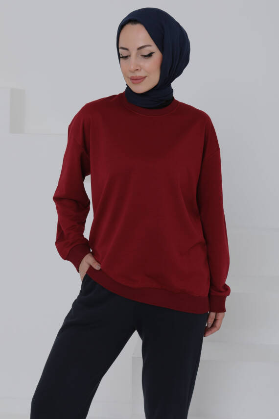 Kadın Bisiklet Yaka Oversize Sweatshirt Bordo - 26567 - 3