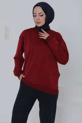 Kadın Bisiklet Yaka Oversize Sweatshirt Bordo - 26567 - 4