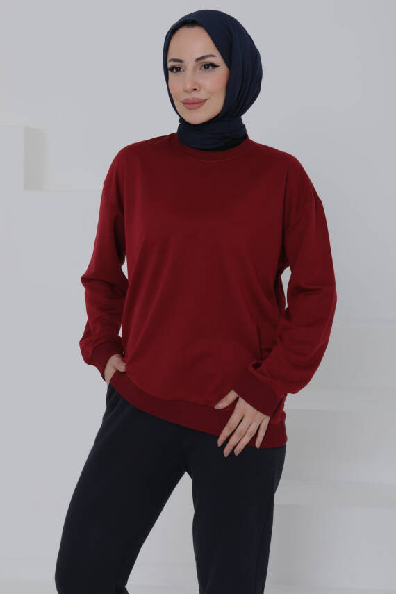 Kadın Bisiklet Yaka Oversize Sweatshirt Bordo - 26567 - 5