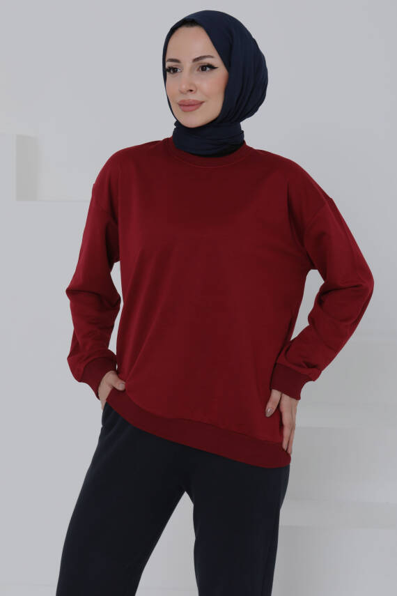 Kadın Bisiklet Yaka Oversize Sweatshirt Bordo - 26567 - 6