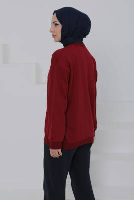 Kadın Bisiklet Yaka Oversize Sweatshirt Bordo - 26567 - 7