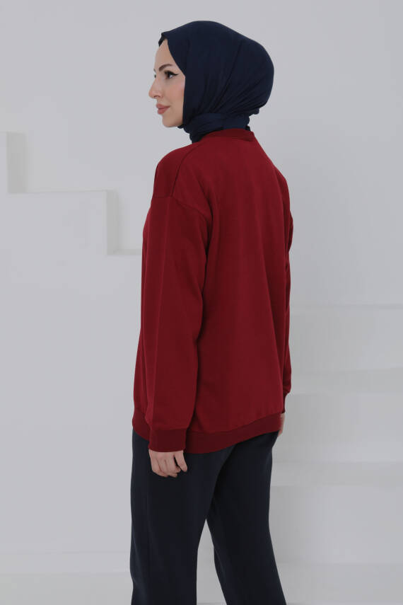Kadın Bisiklet Yaka Oversize Sweatshirt Bordo - 26567 - 7