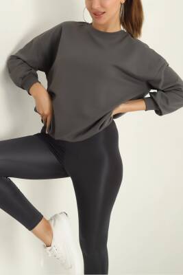 Kadın Bisiklet Yaka Oversize Sweatshirt Füme - 26567 - 2