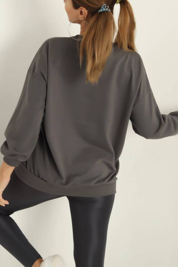Kadın Bisiklet Yaka Oversize Sweatshirt Füme - 26567 - 3
