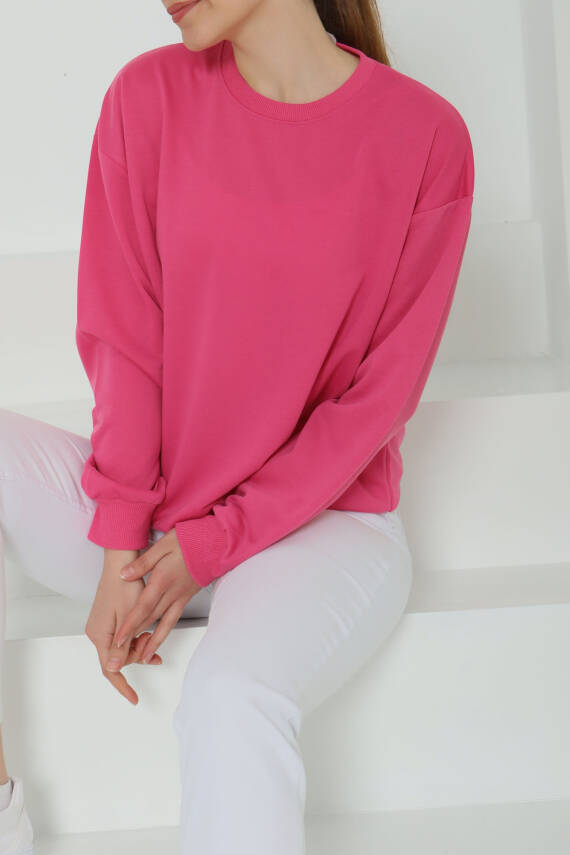 Kadın Bisiklet Yaka Oversize Sweatshirt Fuşya - 26567 - 1
