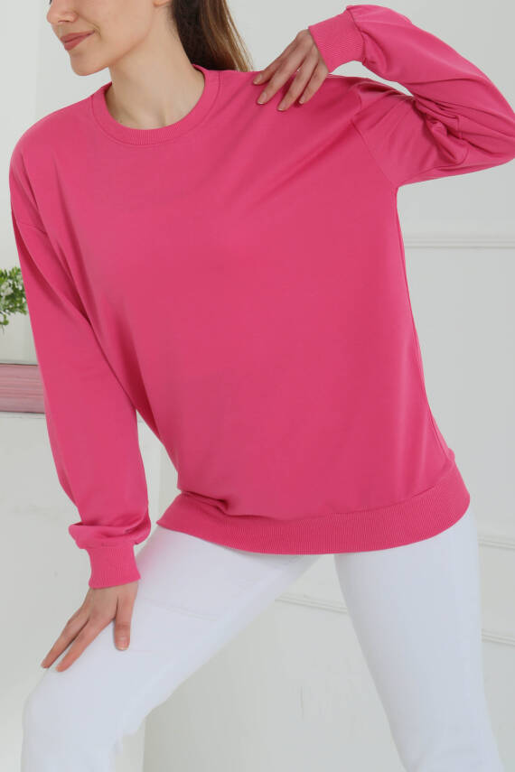 Kadın Bisiklet Yaka Oversize Sweatshirt Fuşya - 26567 - 2