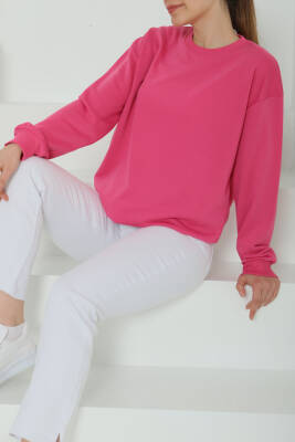 Kadın Bisiklet Yaka Oversize Sweatshirt Fuşya - 26567 - 3