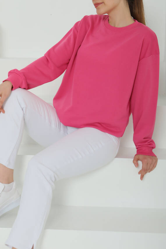 Kadın Bisiklet Yaka Oversize Sweatshirt Fuşya - 26567 - 3