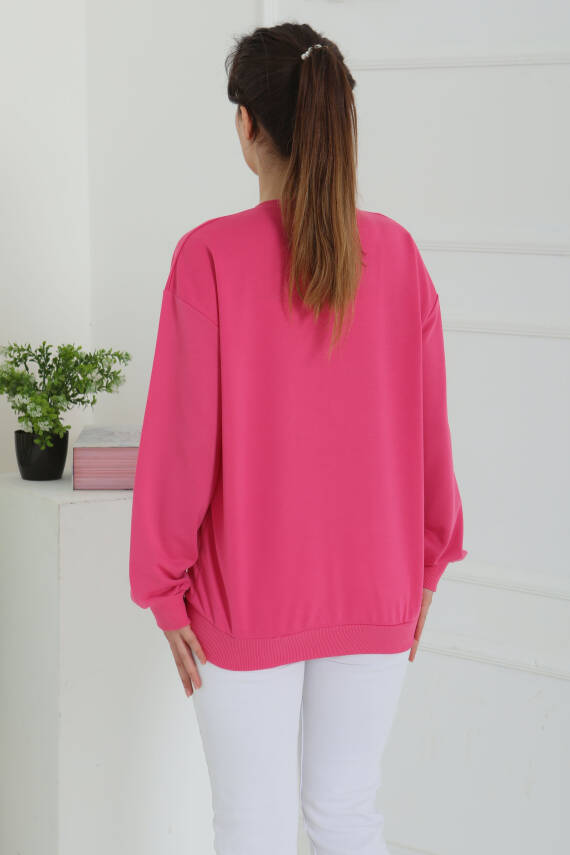 Kadın Bisiklet Yaka Oversize Sweatshirt Fuşya - 26567 - 6