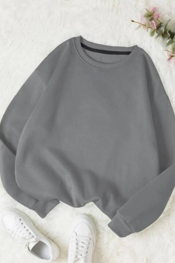 Kadın Bisiklet Yaka Oversize Sweatshirt Gri - 26567 - 1