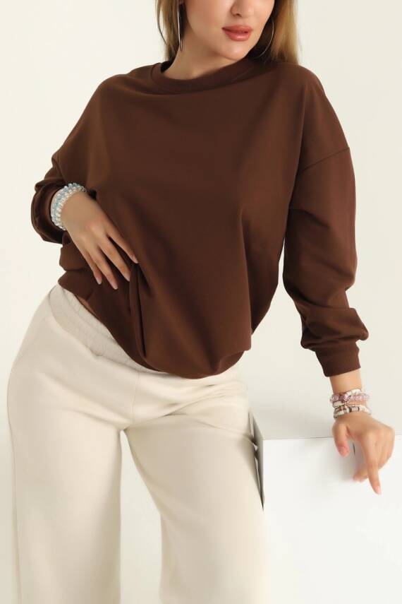 Kadın Bisiklet Yaka Oversize Sweatshirt Kahve - 26567 - 2