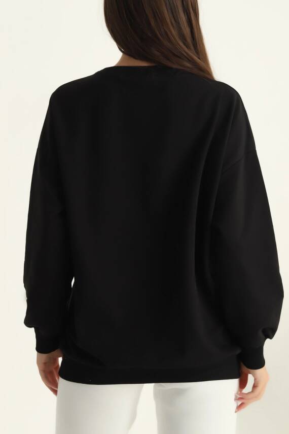 Kadın Bisiklet Yaka Oversize Sweatshirt Siyah - 26567 - 2